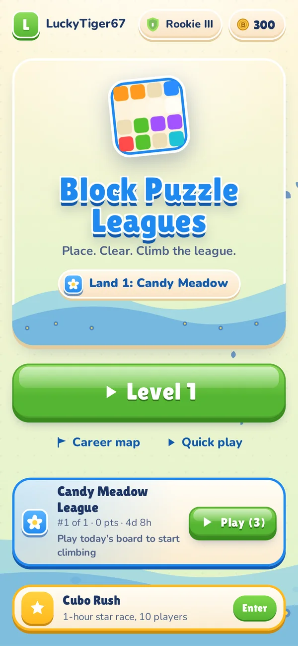 Home screen in Candy Meadow with the Level 1 button and the public league card