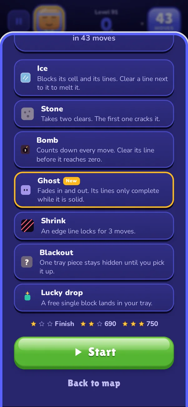 Level 91 intro in Cosmos listing every obstacle