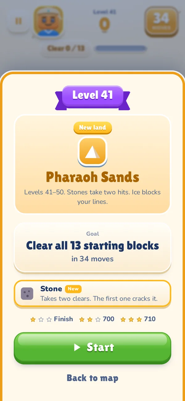Level 41 intro in Pharaoh Sands: goal, stone and ice rules