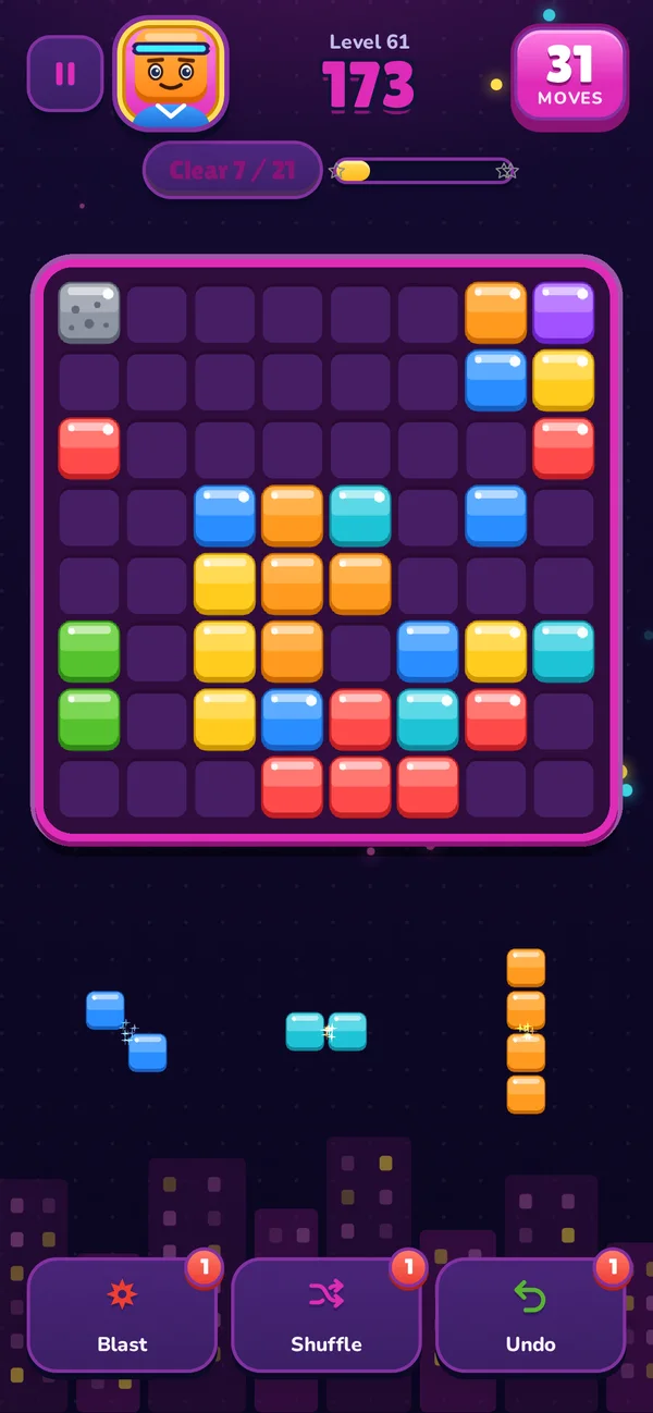 Level 61 in Neon City with stone blocks