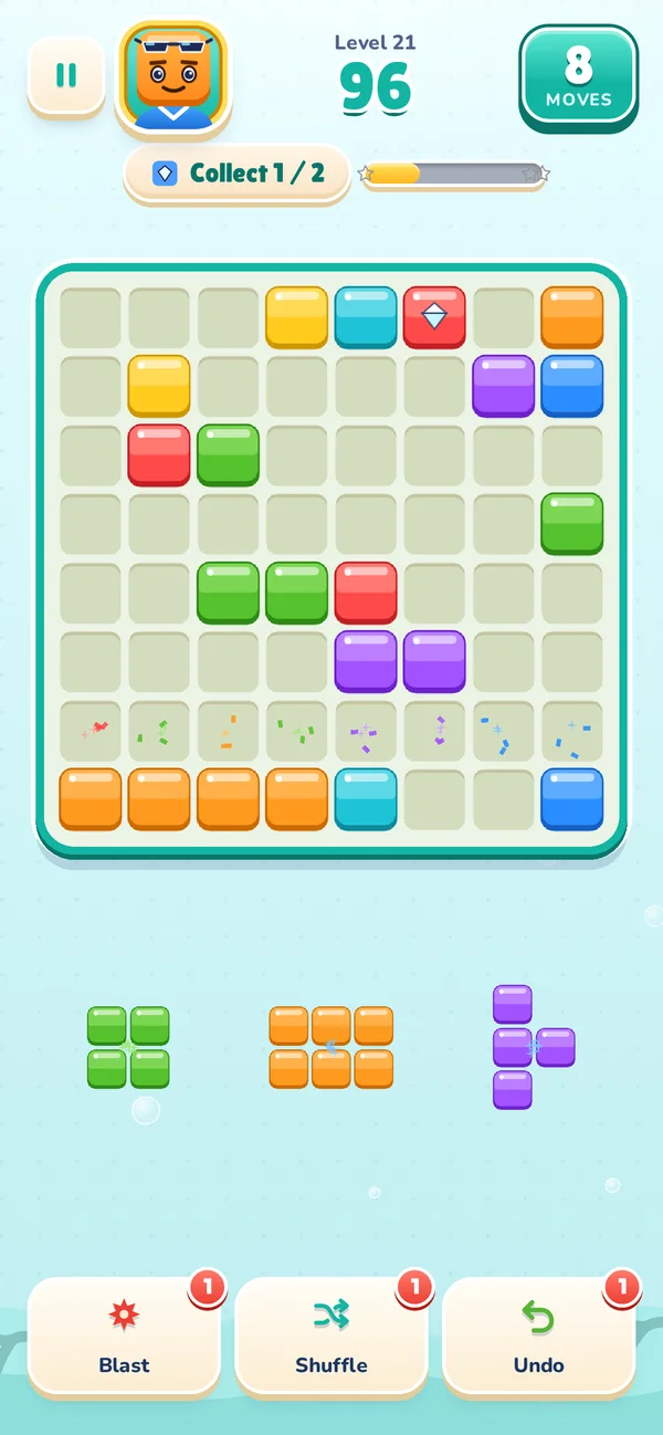 Level 21 in Coral Bay: collecting gems on the 8×8 board